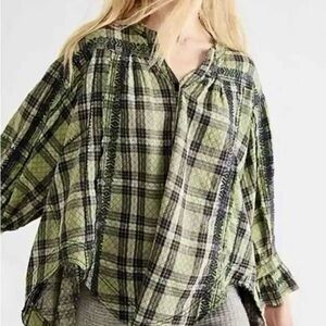 Free People Lou in the Meadow Green Black Plaid Blouse Large